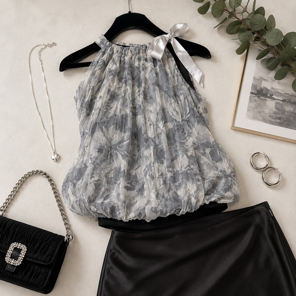 Y2k Womens medium Sheer ivory gray Floral Chiffon halter top Tie Neck Blouse